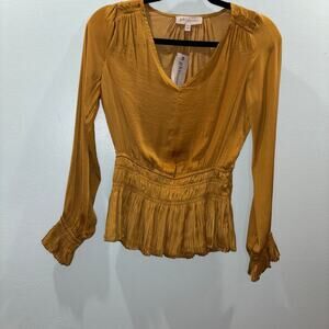 Philosophy Gold Puff Sleeve Smocked Waist Pleated Blouse Size XS NWT